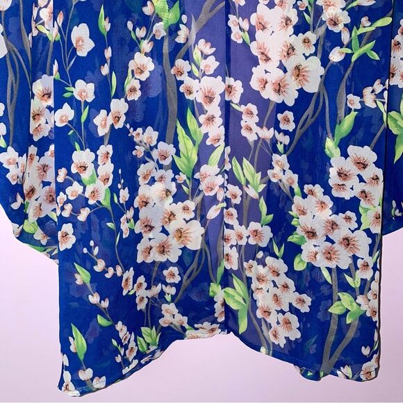 Chiffon Cardigan M Blue Floral Print Dolman Sleeve Open Front Swim Cover Up - Picture 2 of 7